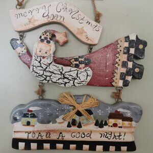 Vtg Primitive Santa Ornament Folk Art 7.5” × 8.5" Santa Merry Christmas To All